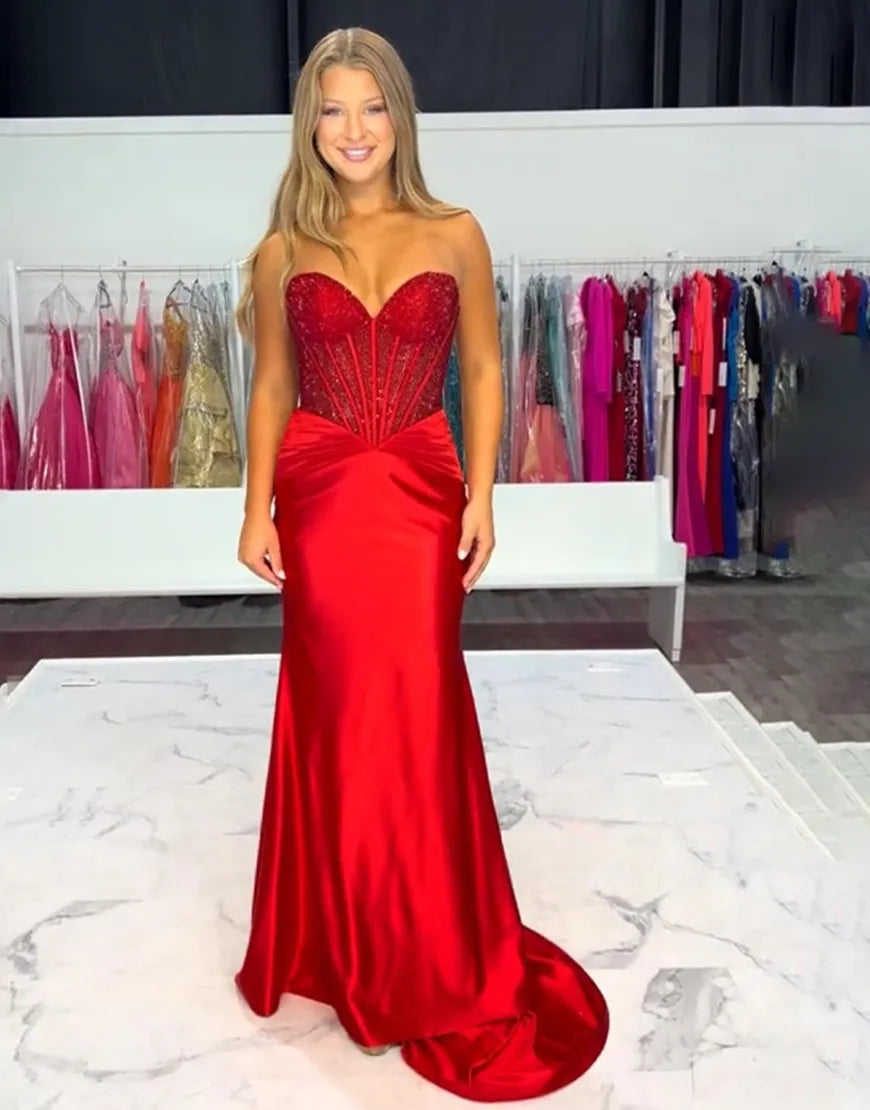 Glitter Dark Green Sweetheart Beaded Mermaid Long Corset Prom Dress