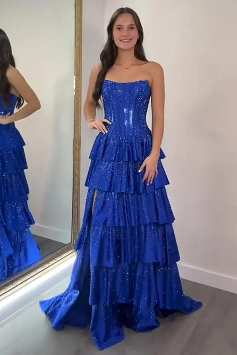 Glitter Royal Blue A-Line Beaded Tiered Long Corset Prom Dress