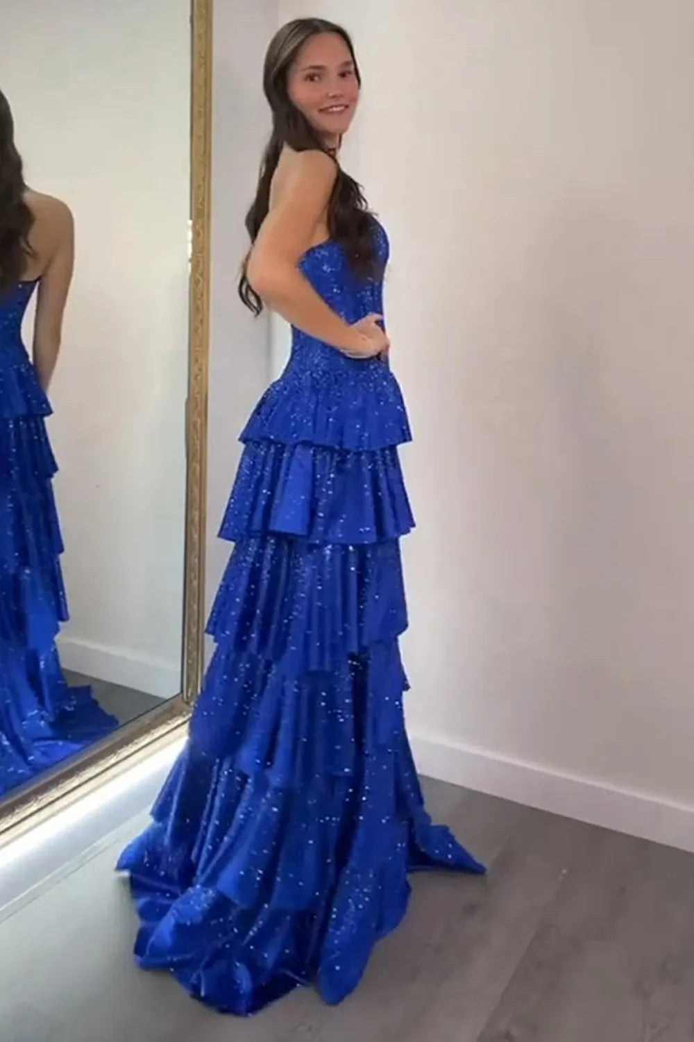 Glitter Royal Blue A-Line Beaded Tiered Long Corset Prom Dress