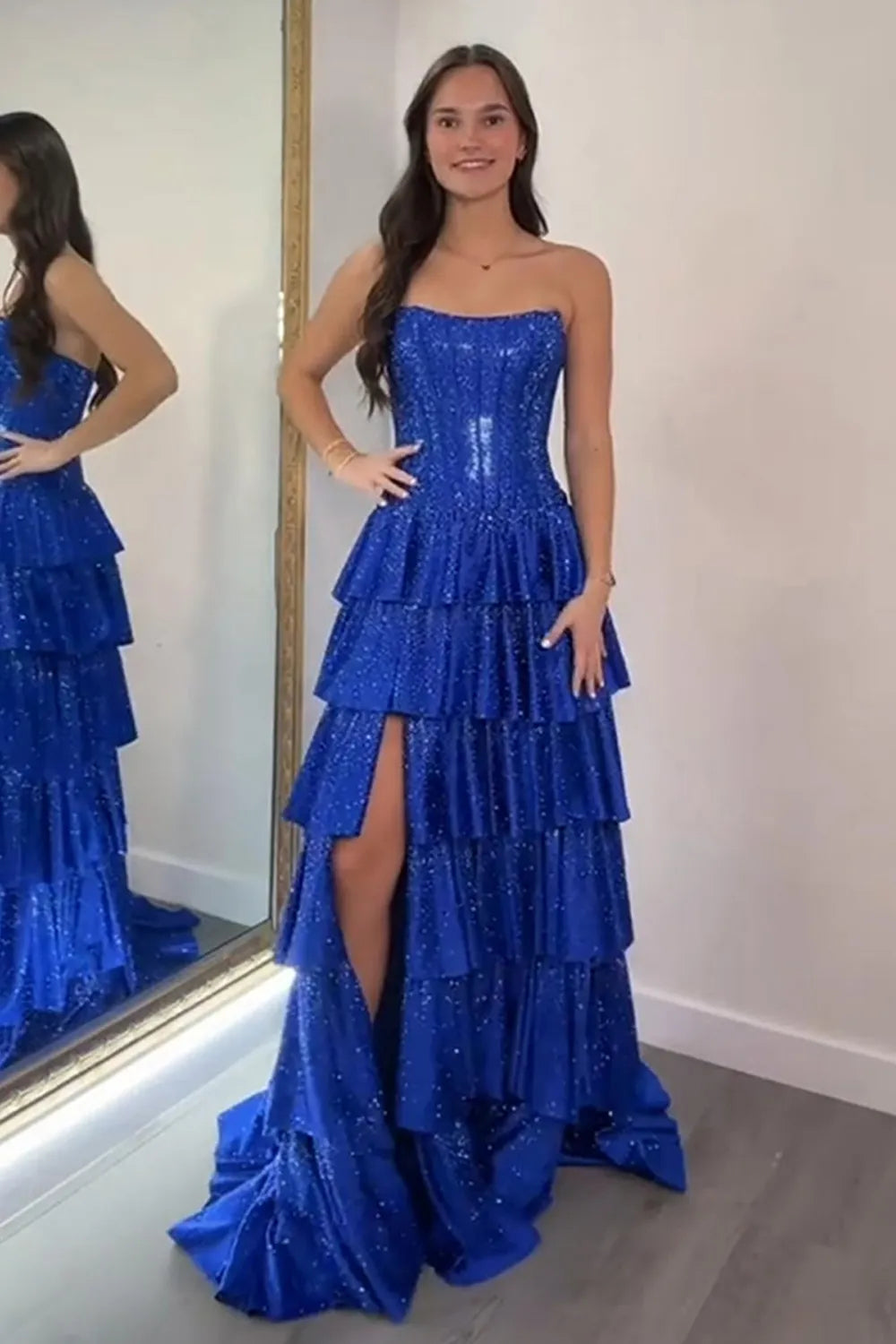 Glitter Royal Blue A-Line Beaded Tiered Long Corset Prom Dress
