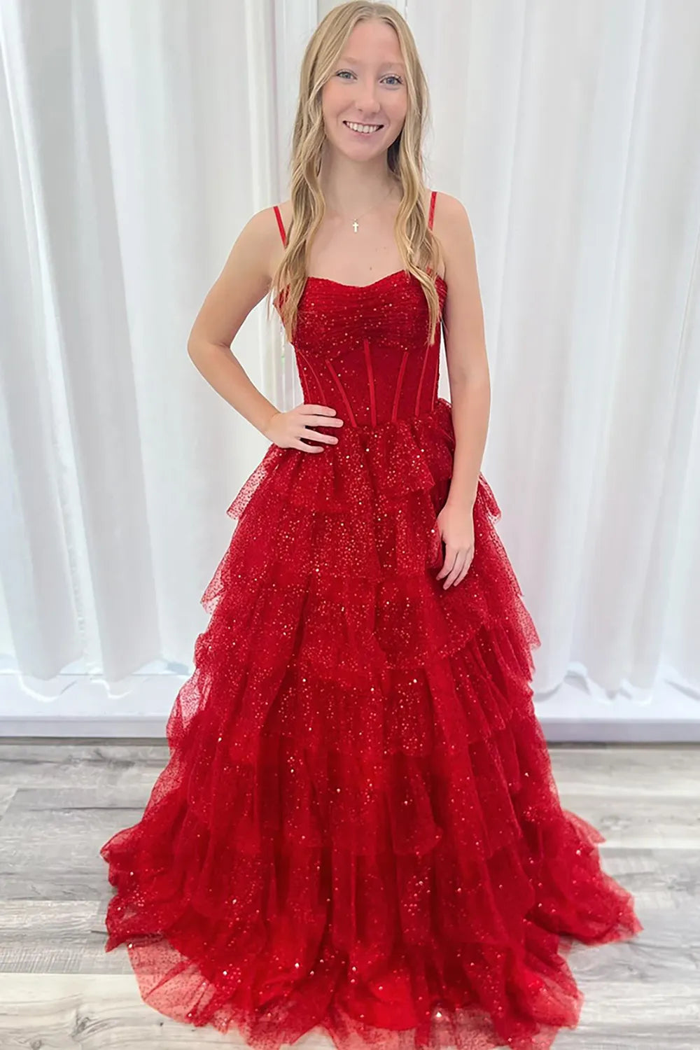 Glitter Red A-Line Spaghetti Straps Tulle Sequin Tiered Long Prom Dress