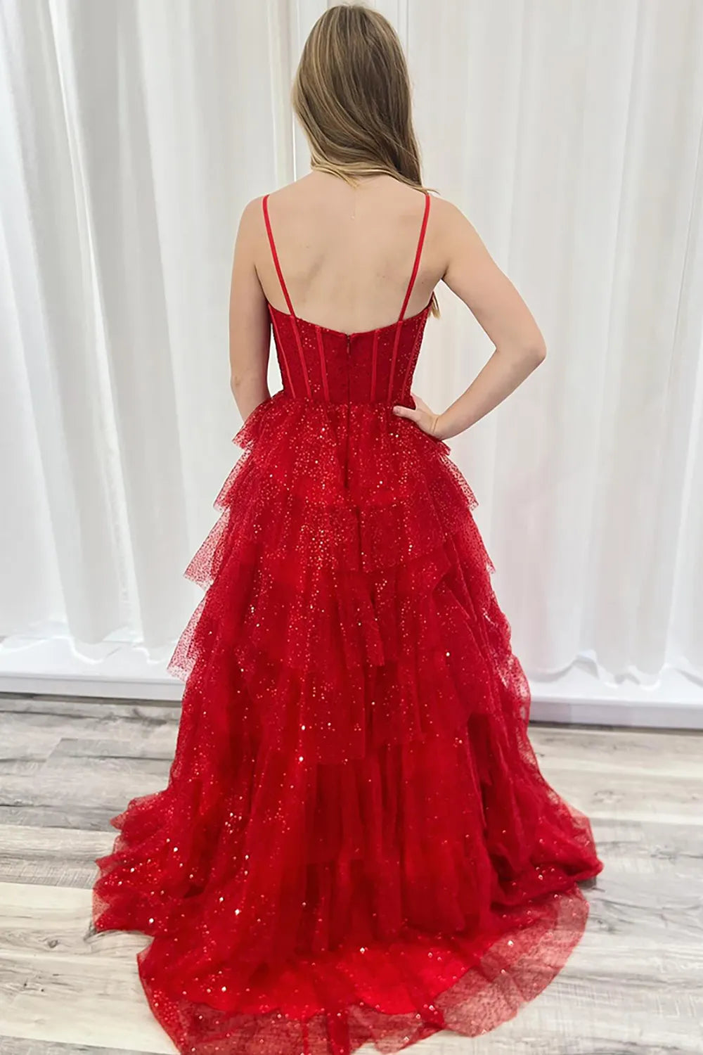 Glitter Red A-Line Spaghetti Straps Tulle Sequin Tiered Long Prom Dress