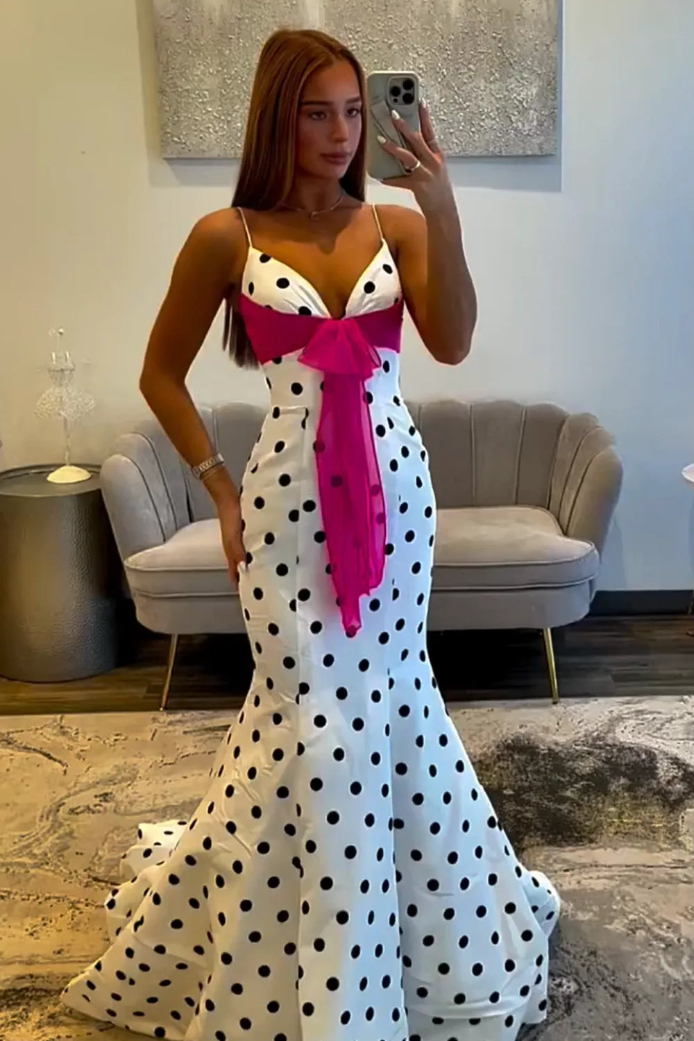 White Polka Dot Spaghetti Straps Mermaid Long Prom Dress