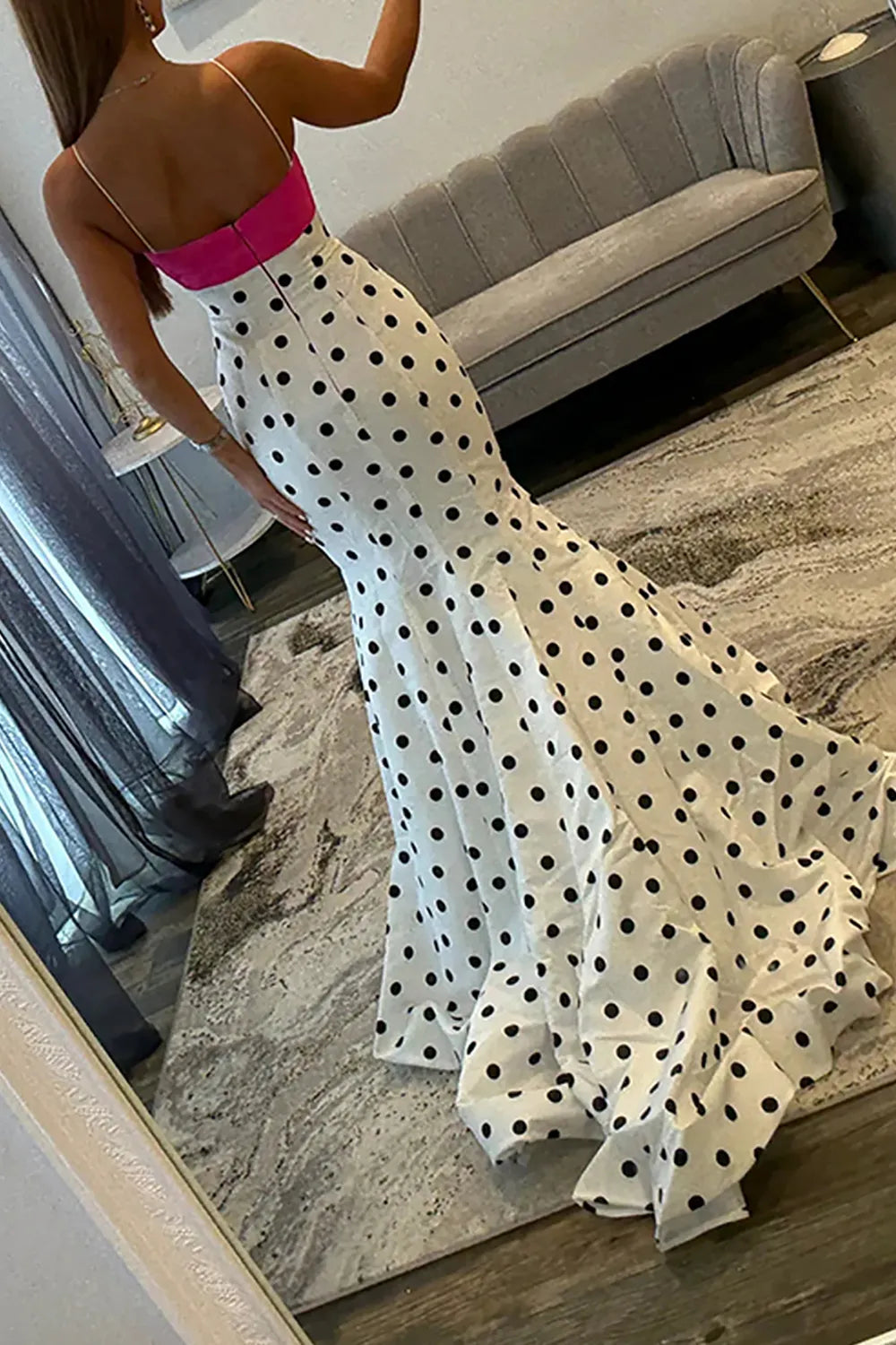 White Polka Dot Spaghetti Straps Mermaid Long Prom Dress