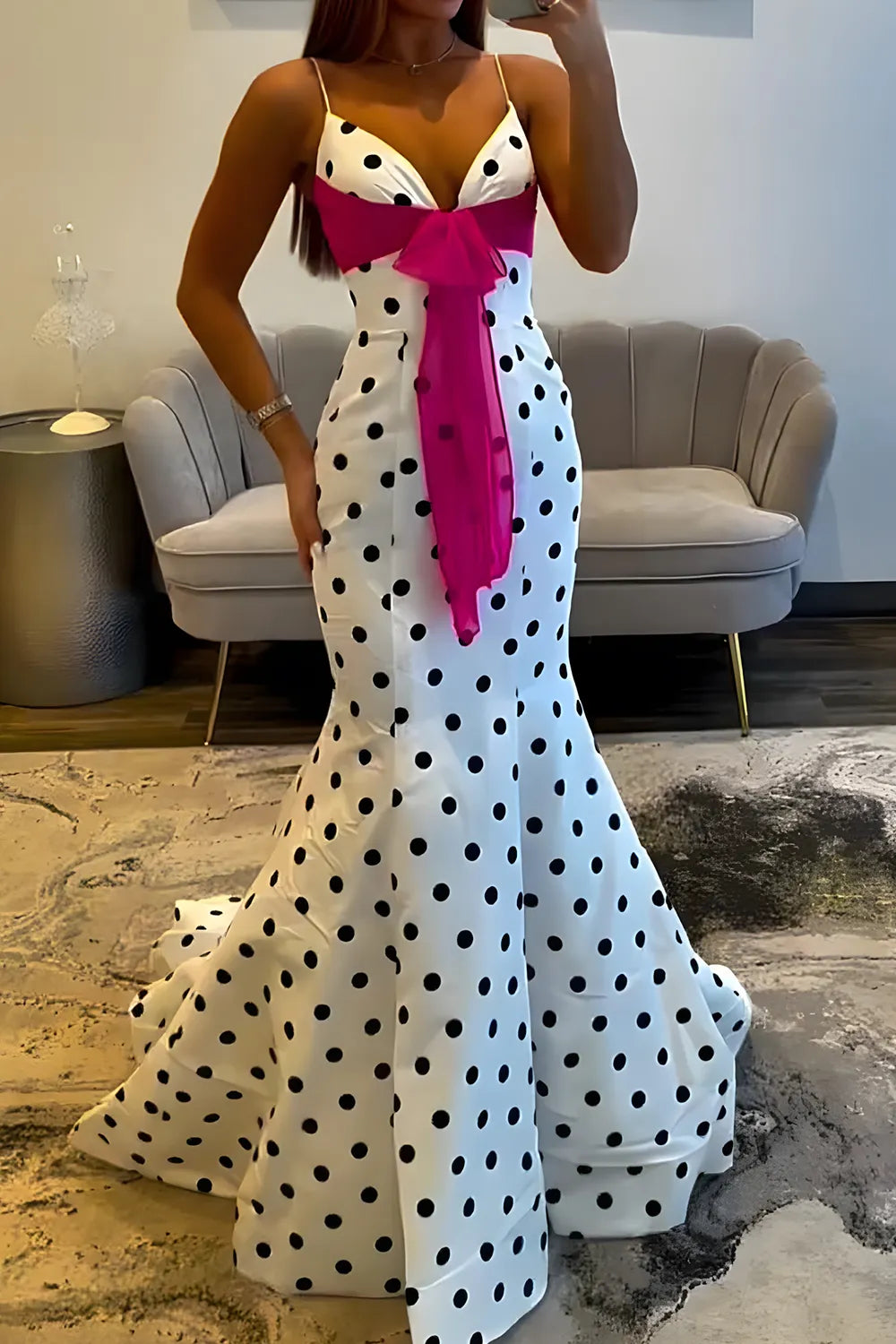 White Polka Dot Spaghetti Straps Mermaid Long Prom Dress