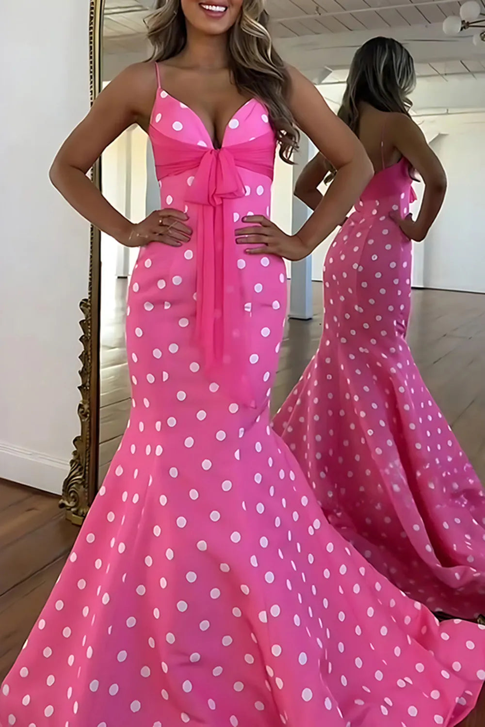 White Polka Dot Spaghetti Straps Mermaid Long Prom Dress