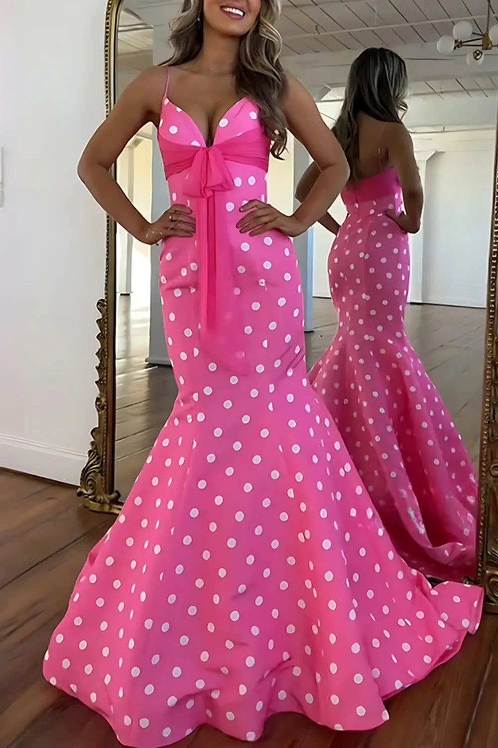 White Polka Dot Spaghetti Straps Mermaid Long Prom Dress