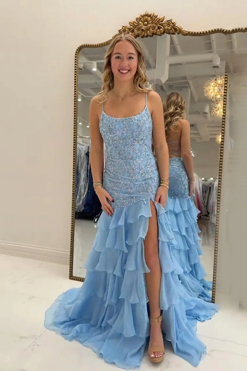 Light Blue Spaghetti Straps Mermaid Tiered Long Prom Dress with Appliques