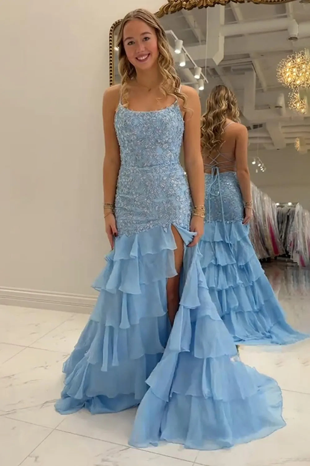 Light Blue Spaghetti Straps Mermaid Tiered Long Prom Dress with Appliques