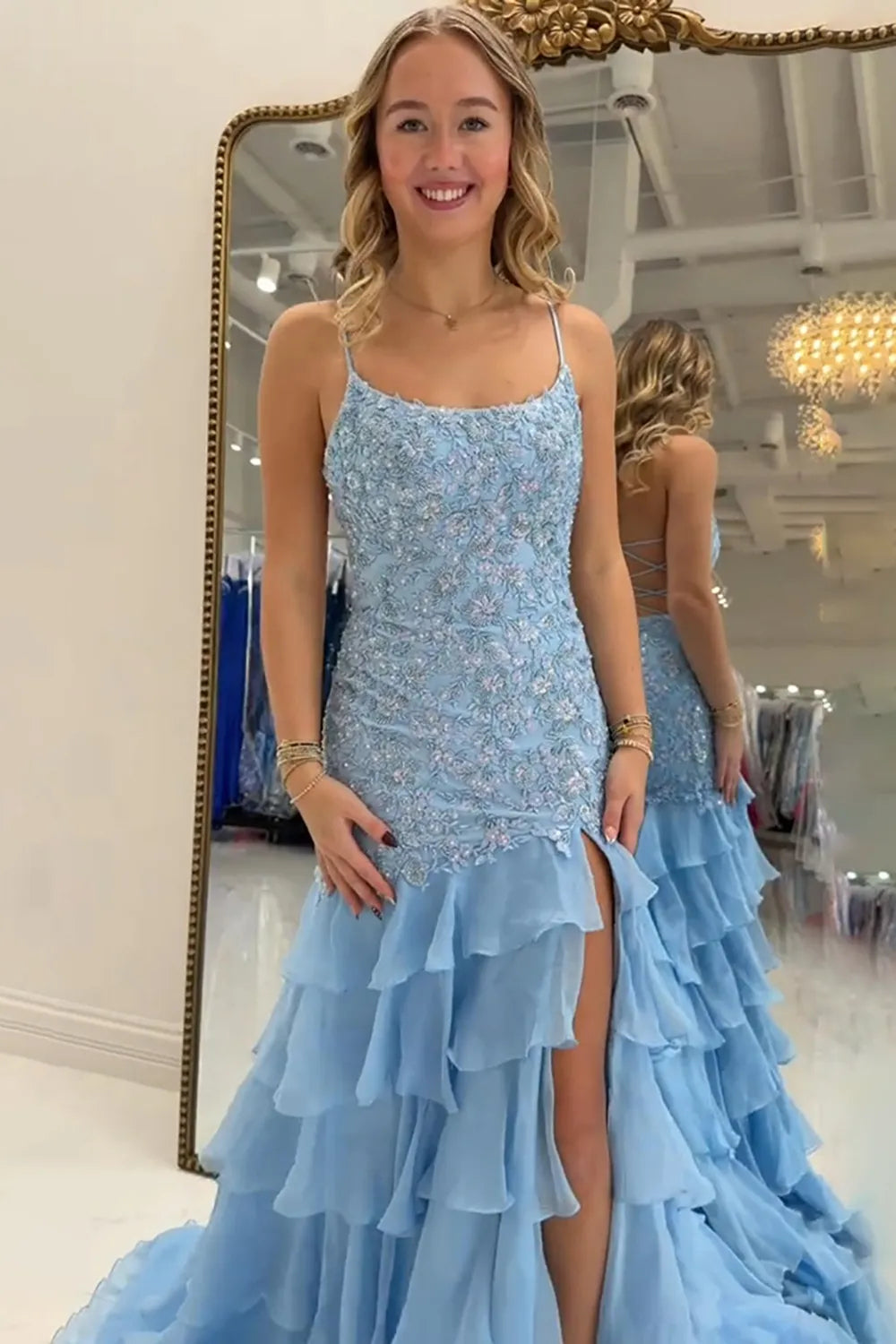 Light Blue Spaghetti Straps Mermaid Tiered Long Prom Dress with Appliques