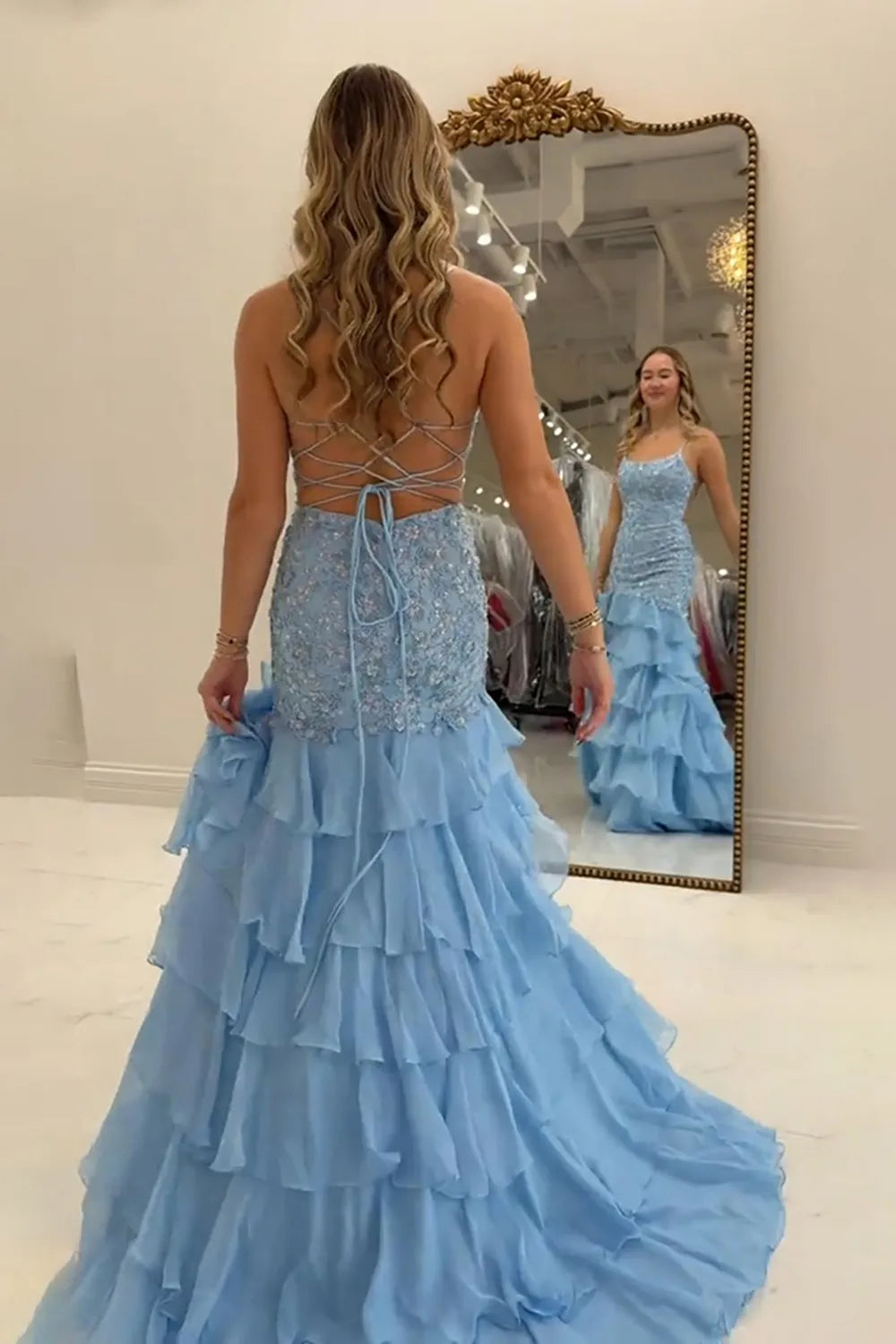 Light Blue Spaghetti Straps Mermaid Tiered Long Prom Dress with Appliques