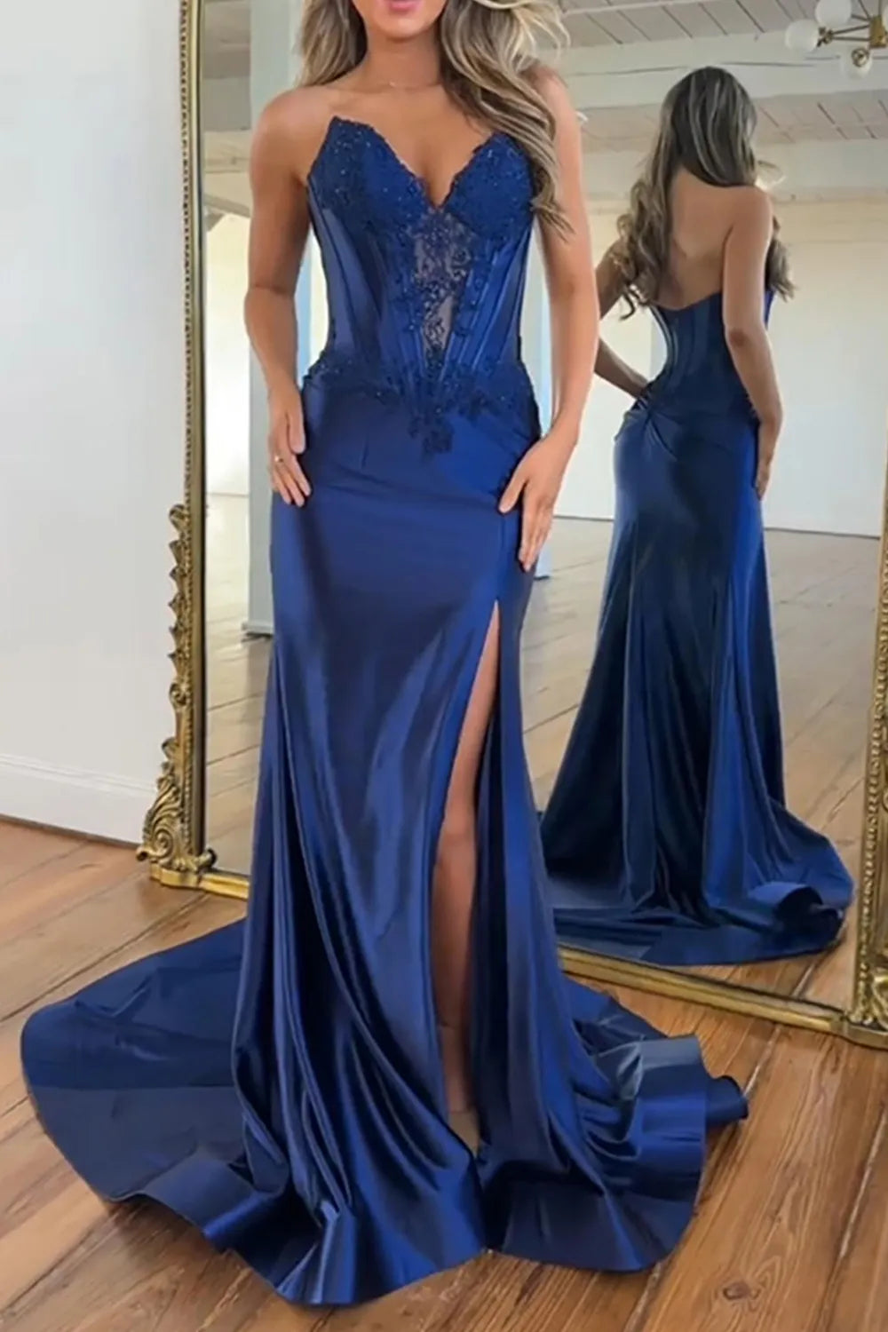 Navy Sweetheart Satin Mermaid Long Prom Dress with Appliques