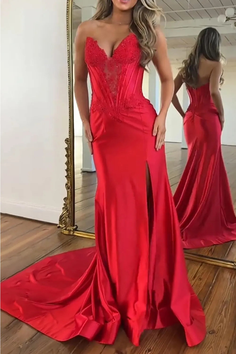 Navy Sweetheart Satin Mermaid Long Prom Dress with Appliques