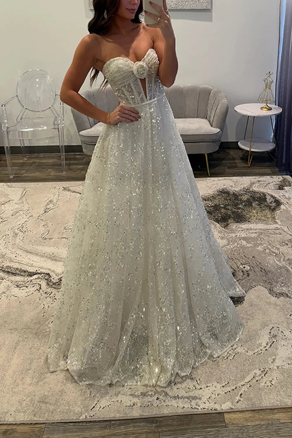 Sparkly White Sweetheart Sequin A-Line Long Prom Dress
