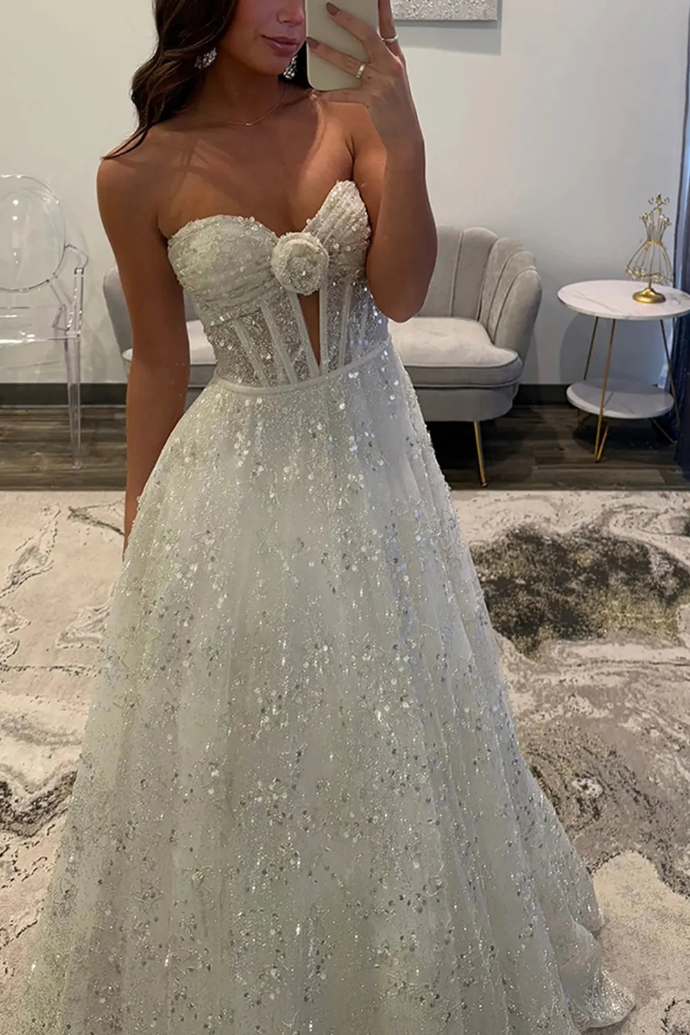 Sparkly White Sweetheart Sequin A-Line Long Prom Dress