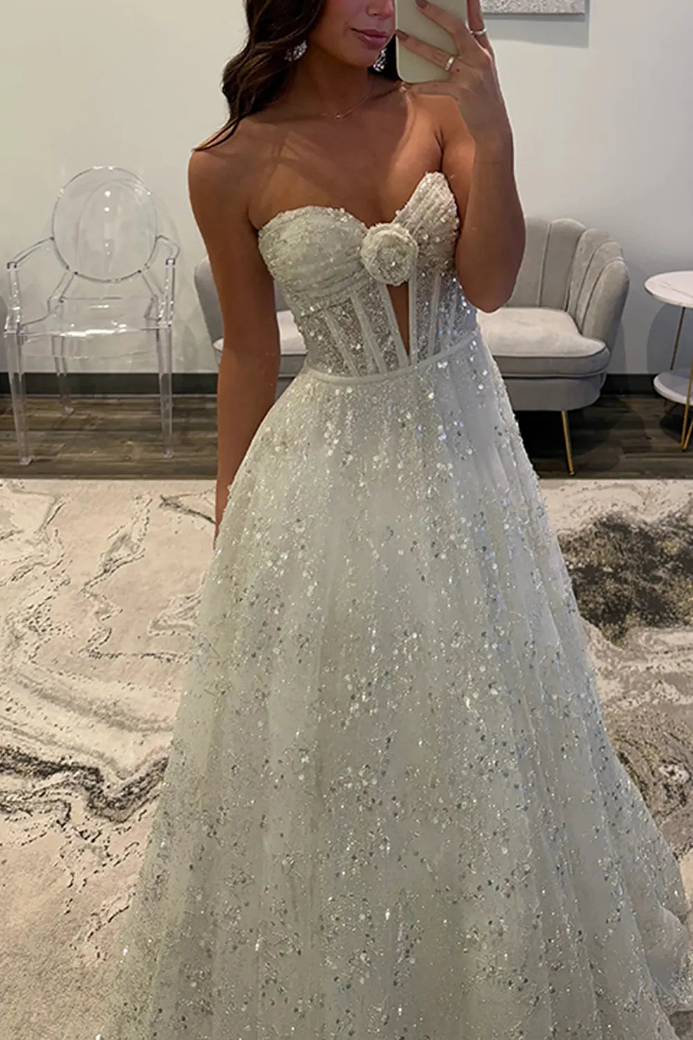 Sparkly White Sweetheart Sequin A-Line Long Prom Dress