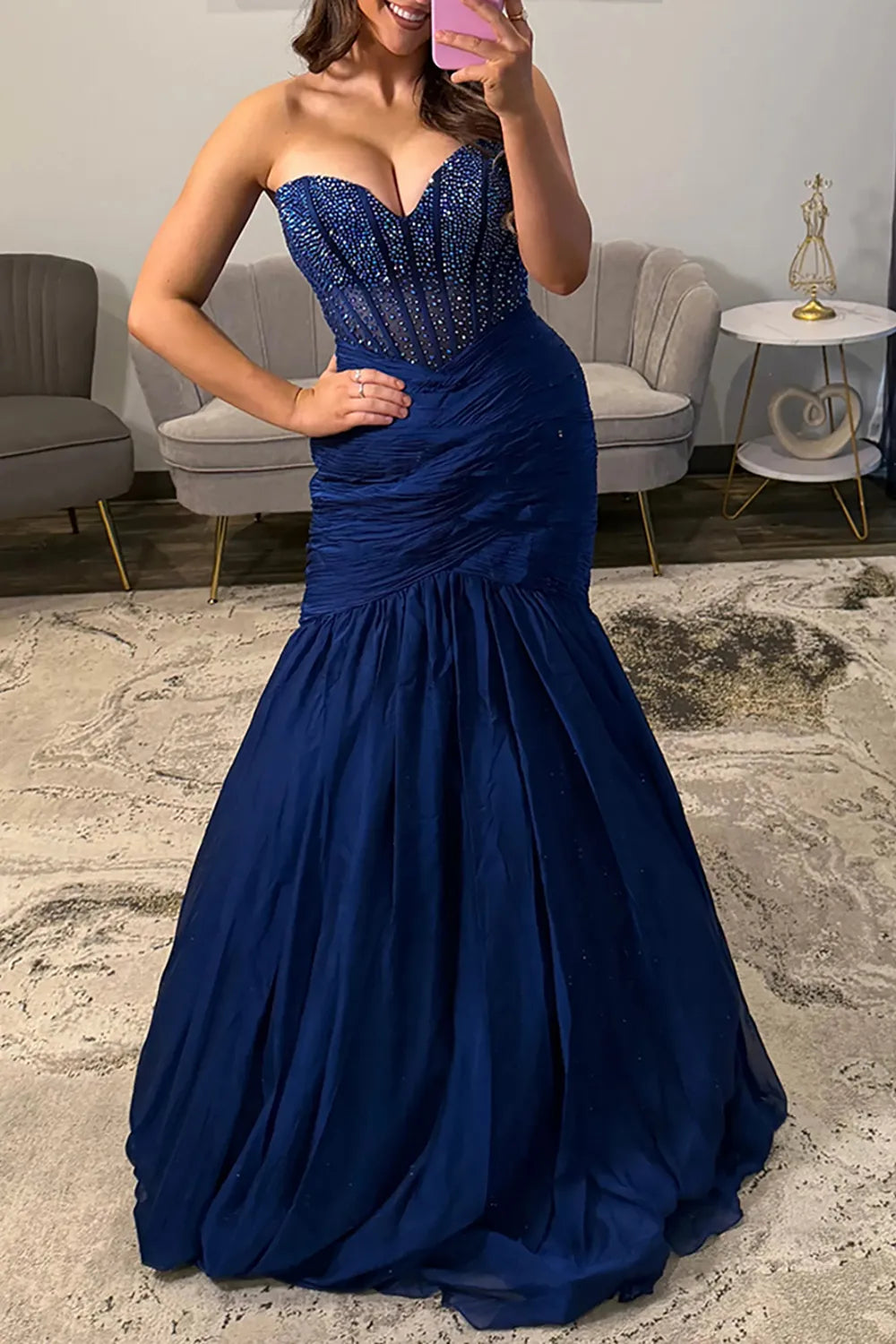 Glitter Navy Sweetheart Mermaid Long Prom Dress with Beading