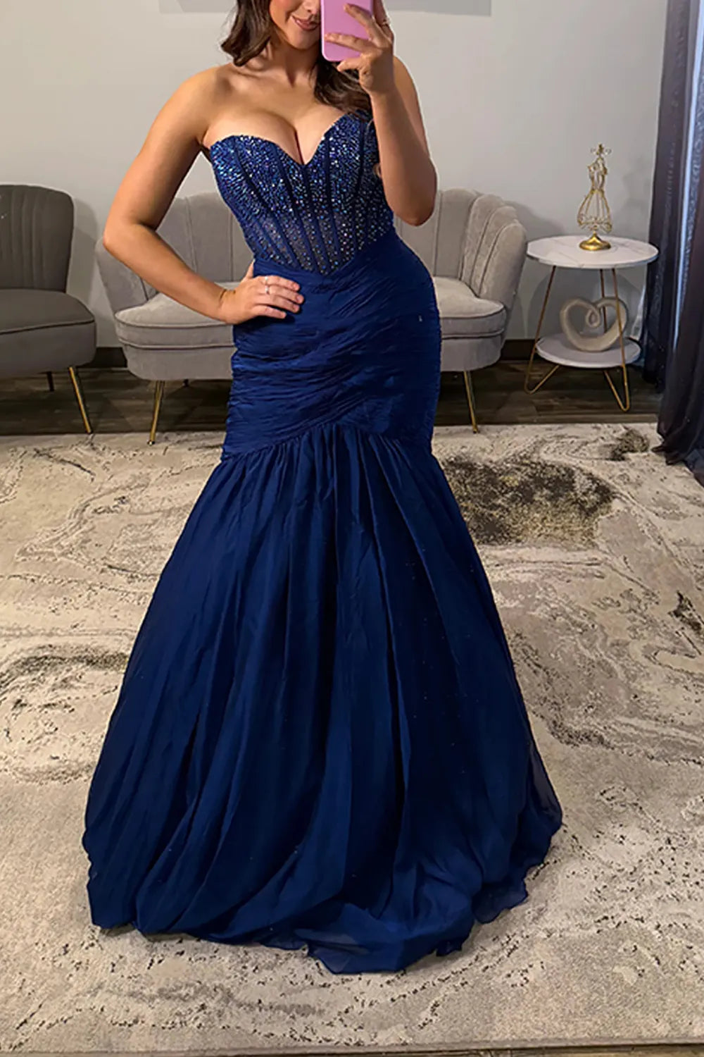 Glitter Navy Sweetheart Mermaid Long Prom Dress with Beading