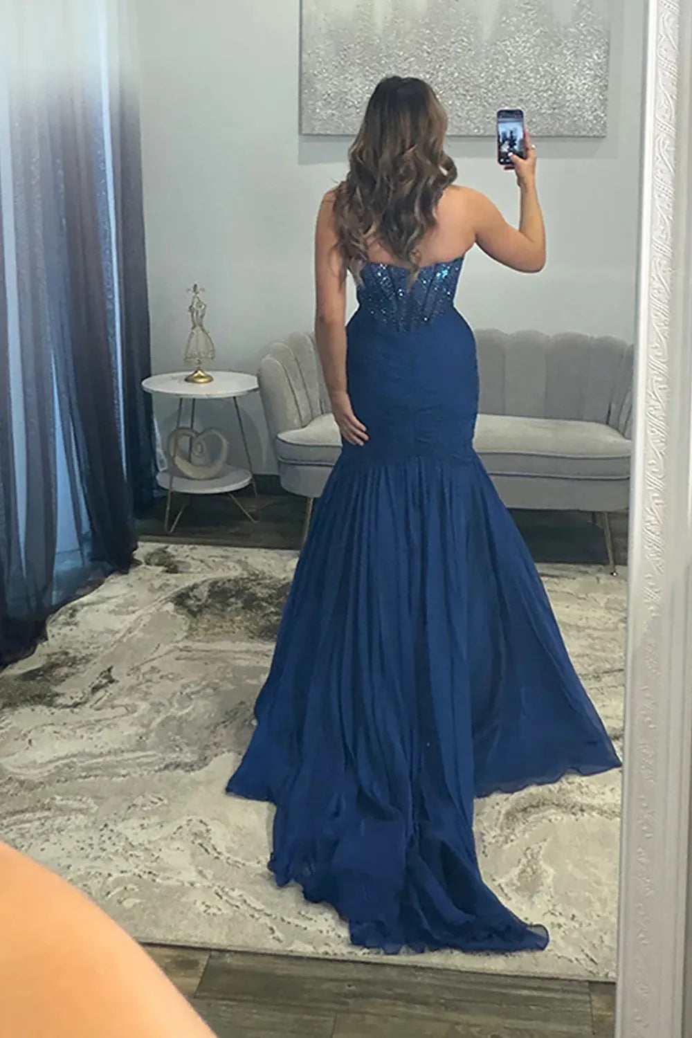 Glitter Navy Sweetheart Mermaid Long Prom Dress with Beading