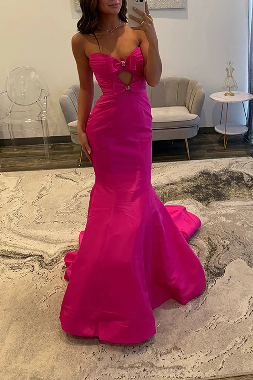 Fuchsia Sweetheart Satin Mermaid Long Prom Dress with Bows