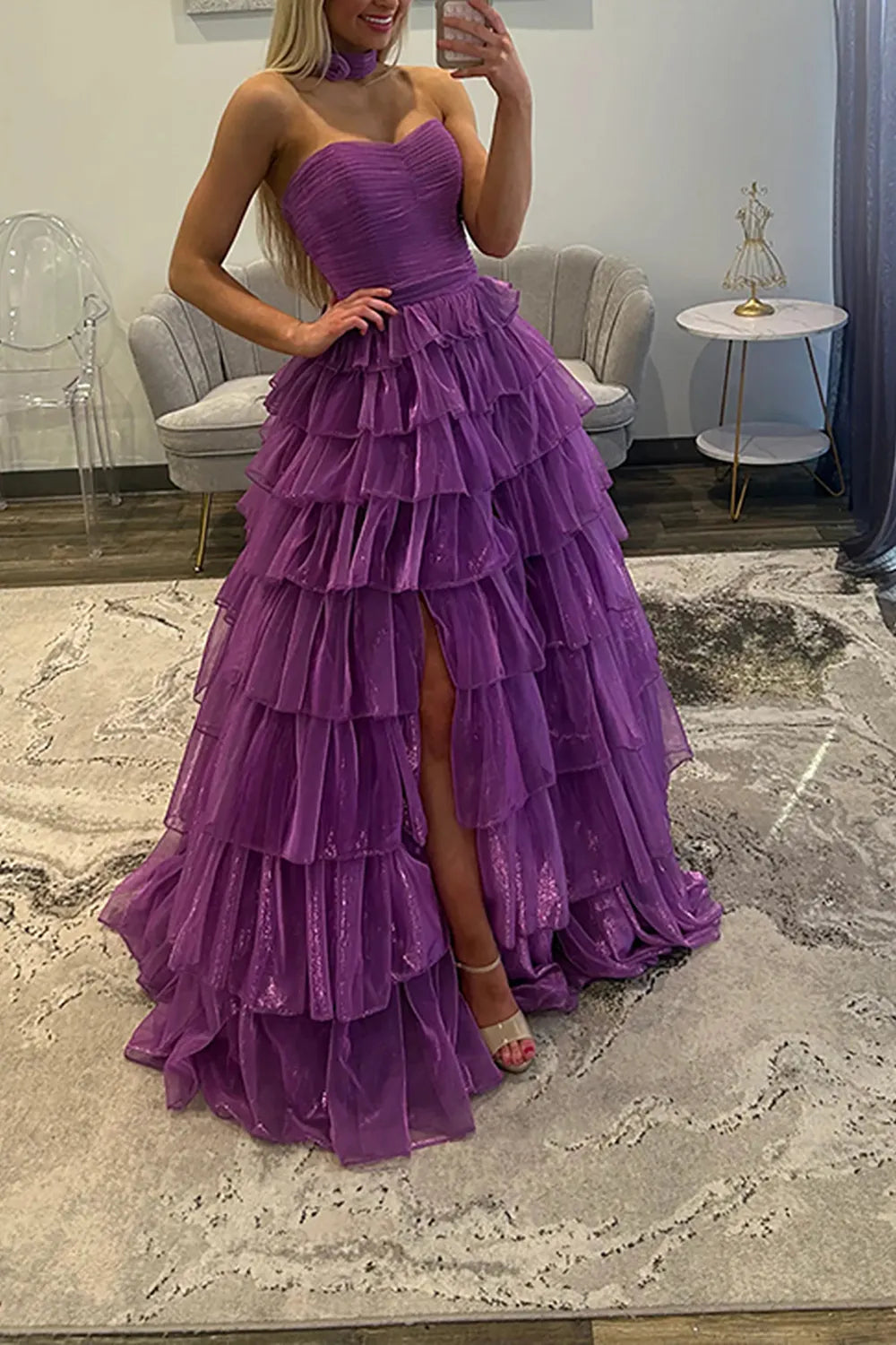 Purple Sweetheart Ball Gown Tiered Long Prom Dress with Slit