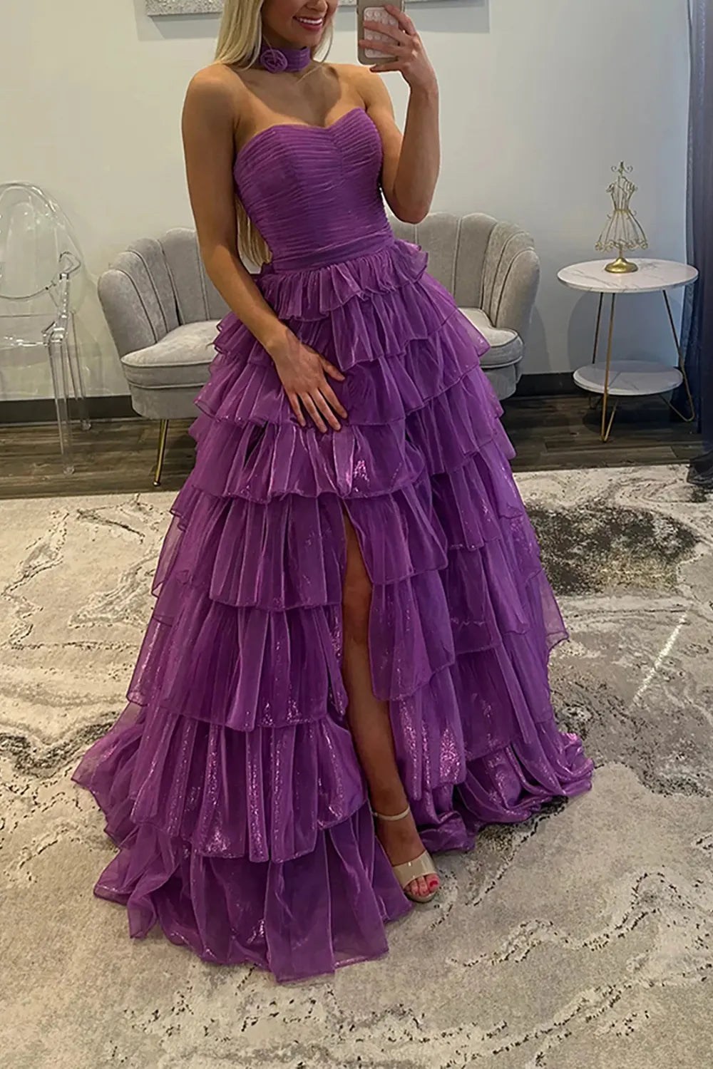 Purple Sweetheart Ball Gown Tiered Long Prom Dress with Slit