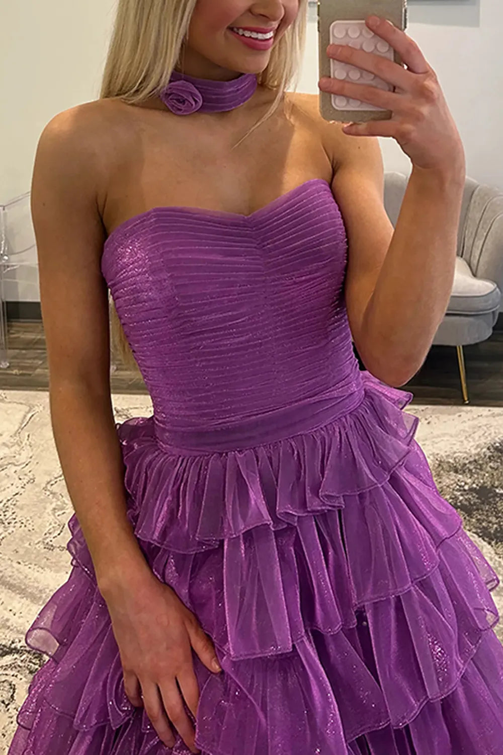 Purple Sweetheart Ball Gown Tiered Long Prom Dress with Slit