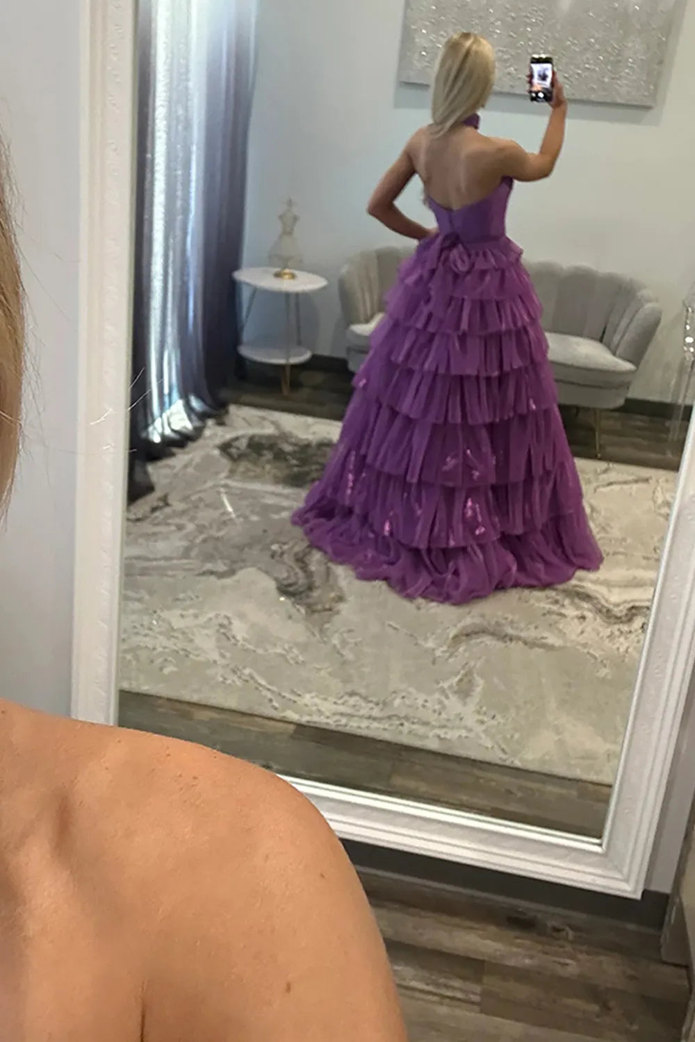 Purple Sweetheart Ball Gown Tiered Long Prom Dress with Slit
