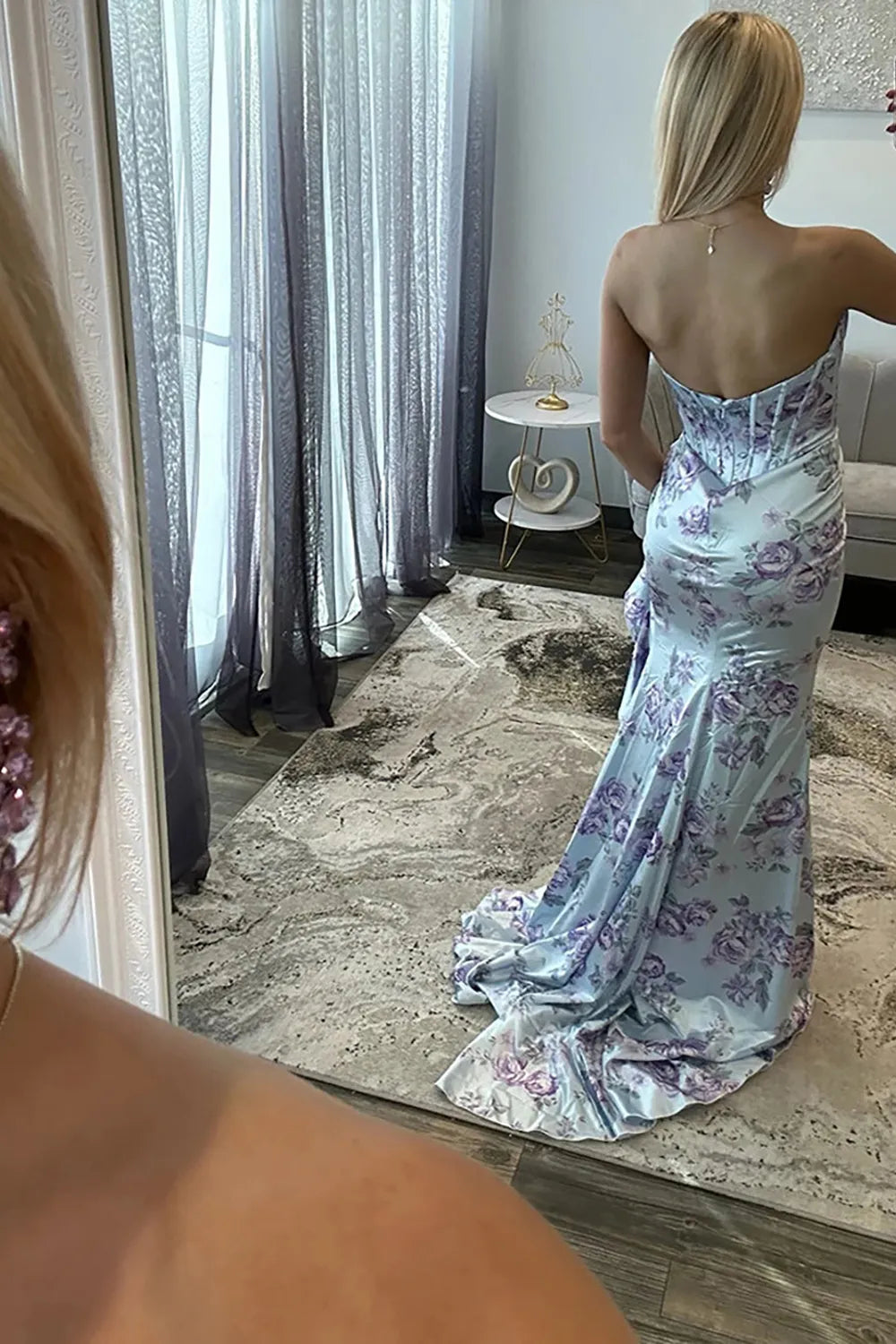 Lilac Floral Sweetheart Satin Mermaid Long Prom Dress with Ruffles