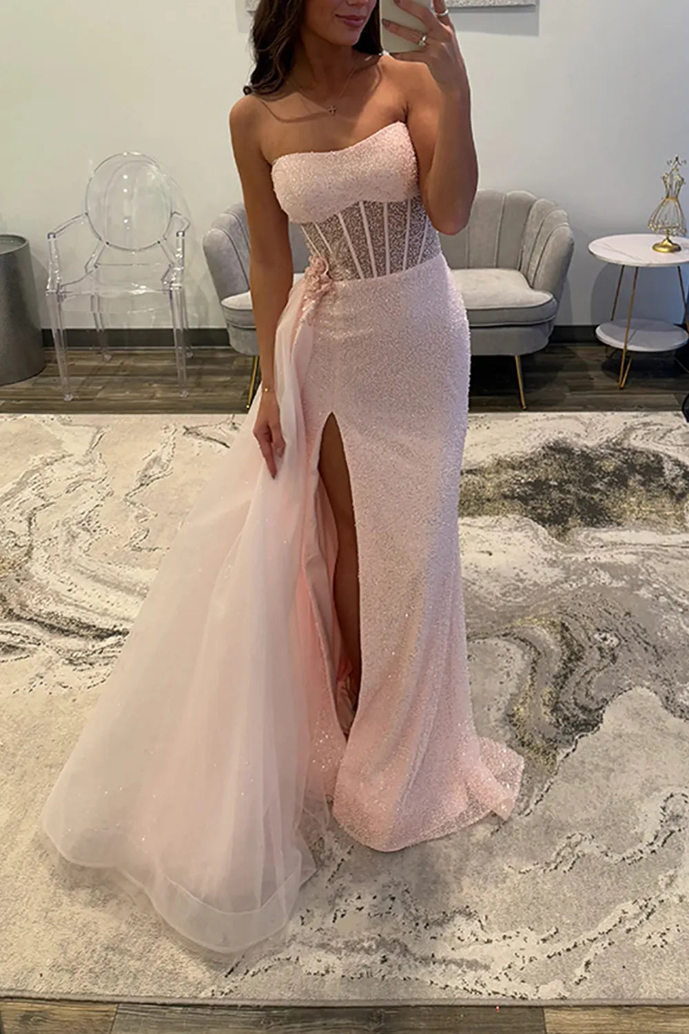 Sparkly Pink Strapless Mermaid Sequin Long Prom Dress with Slit