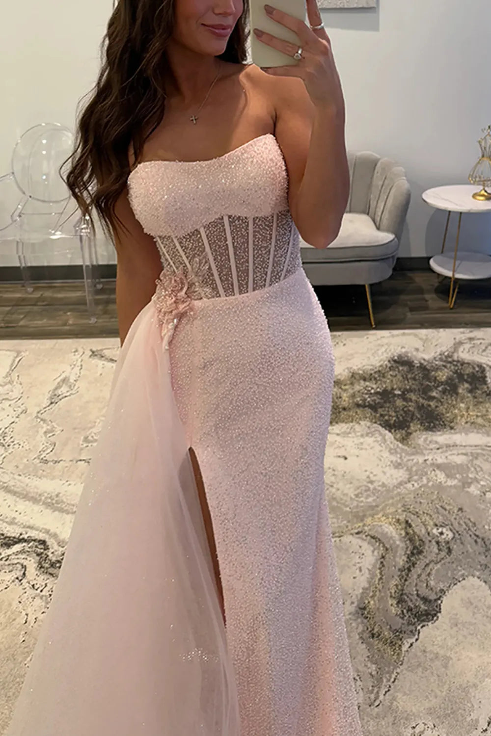 Sparkly Pink Strapless Mermaid Sequin Long Prom Dress with Slit