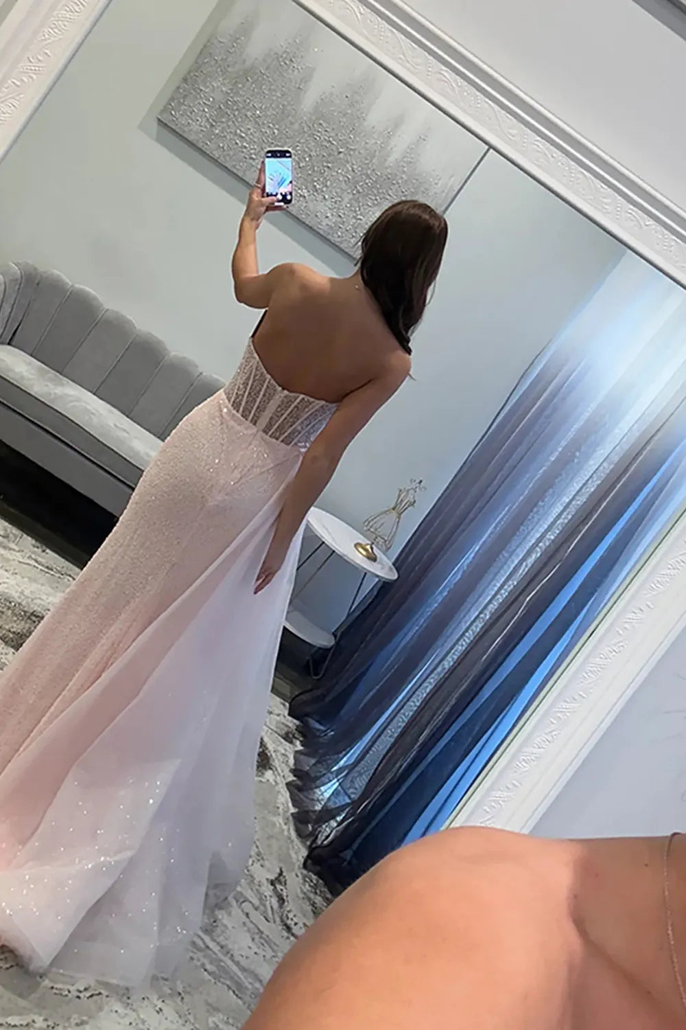 Sparkly Pink Strapless Mermaid Sequin Long Prom Dress with Slit