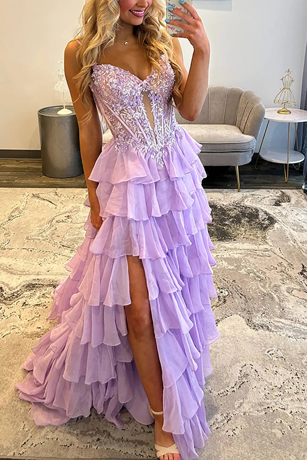 Sparkly Lilac Spaghetti Straps Chiffon Tiered Princess Long Prom Dress with Slit