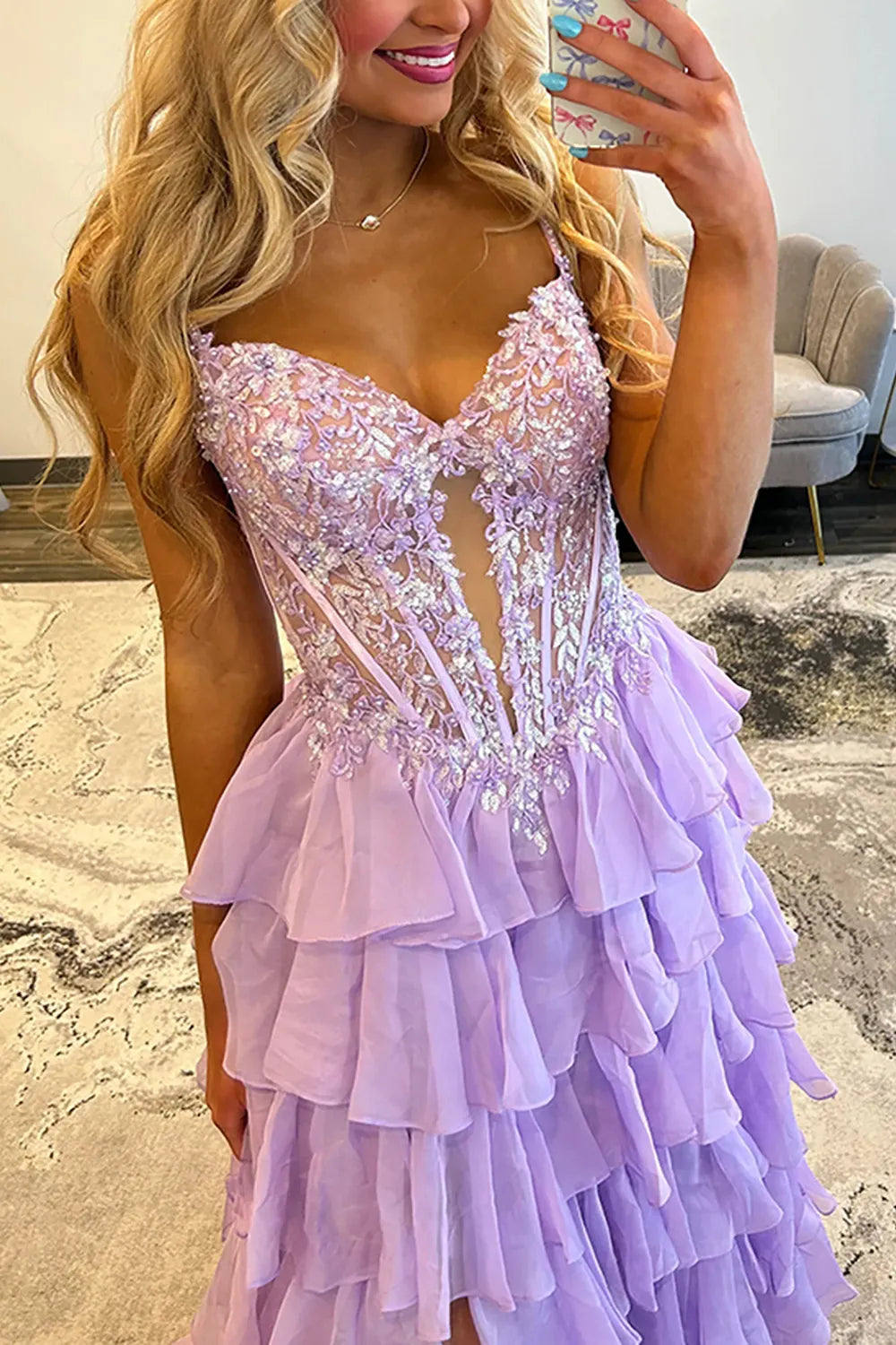 Sparkly Lilac Spaghetti Straps Chiffon Tiered Princess Long Prom Dress with Slit