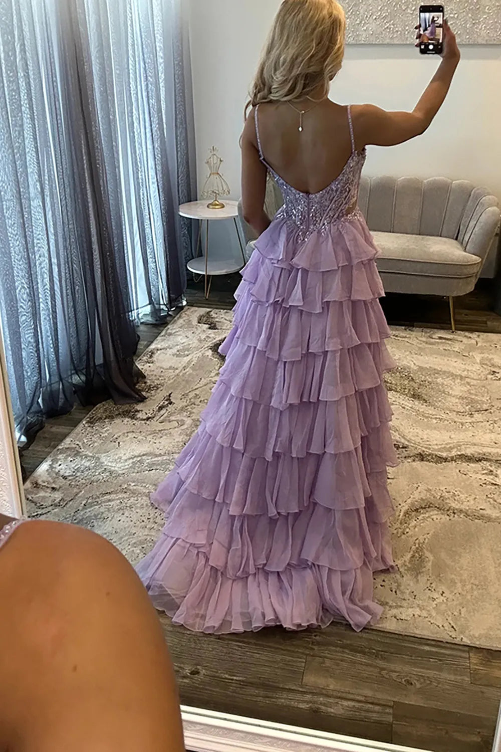 Sparkly Lilac Spaghetti Straps Chiffon Tiered Princess Long Prom Dress with Slit