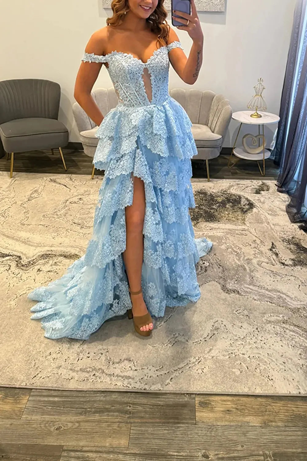 Light Blue Off-the-Shoulder Lace Tiered Princess Long Prom Dress with Slit