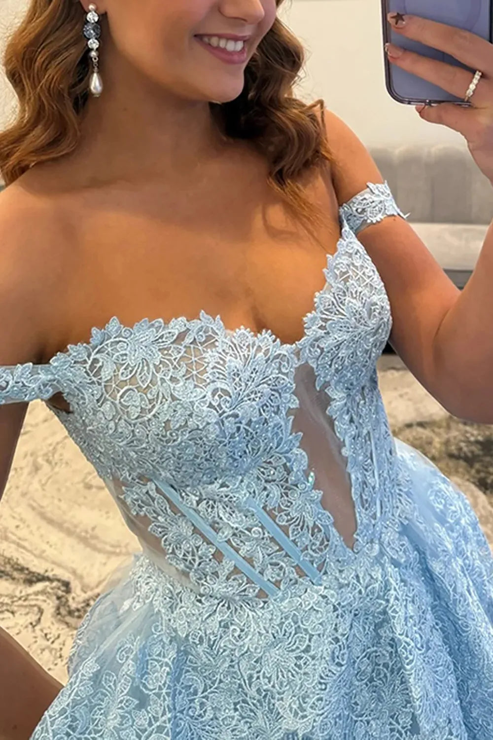 Light Blue Off-the-Shoulder Lace Tiered Princess Long Prom Dress with Slit