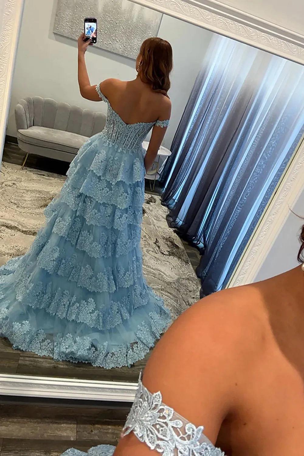 Light Blue Off-the-Shoulder Lace Tiered Princess Long Prom Dress with Slit