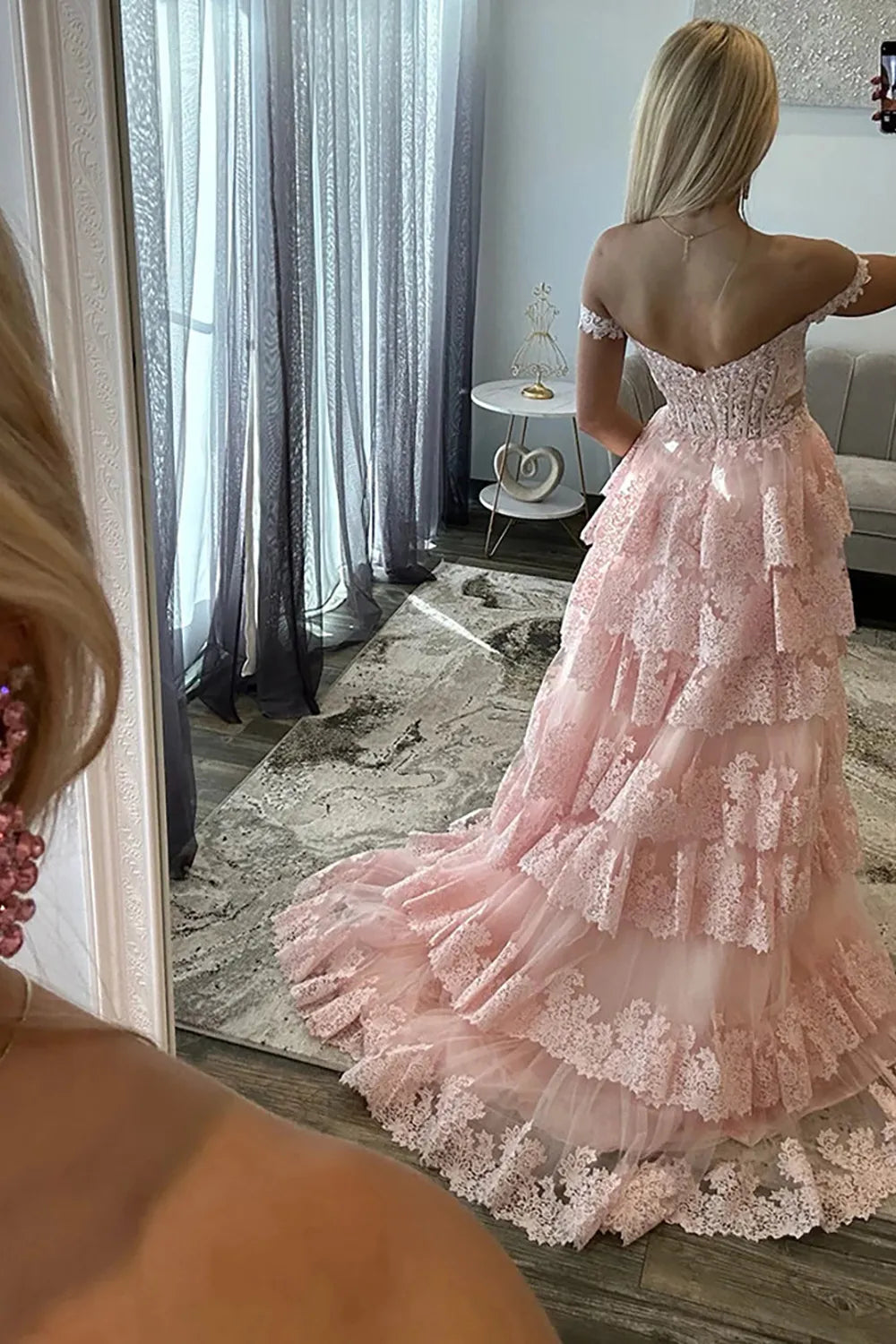 Light Blue Off-the-Shoulder Lace Tiered Princess Long Prom Dress with Slit