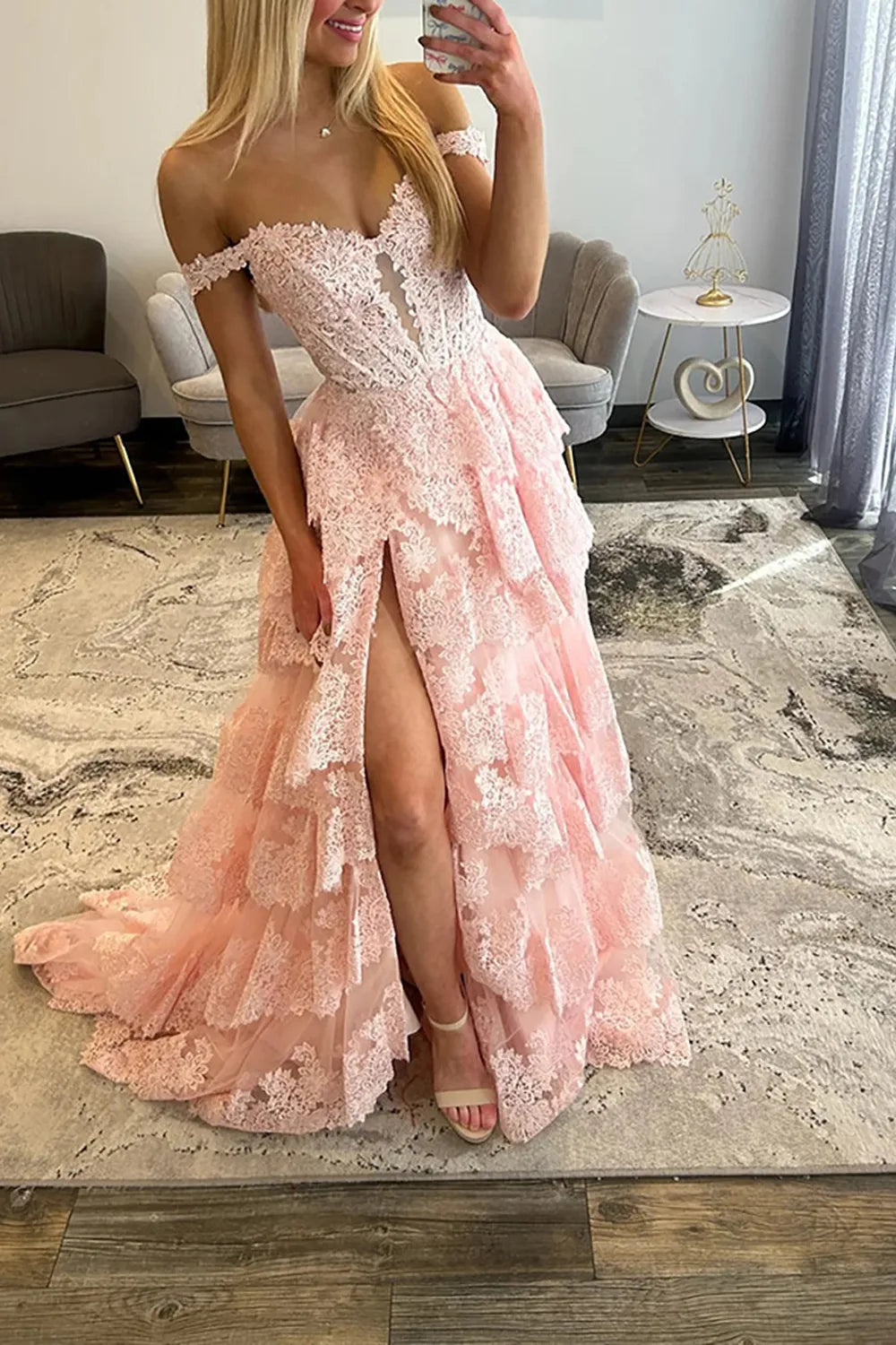 Light Blue Off-the-Shoulder Lace Tiered Princess Long Prom Dress with Slit