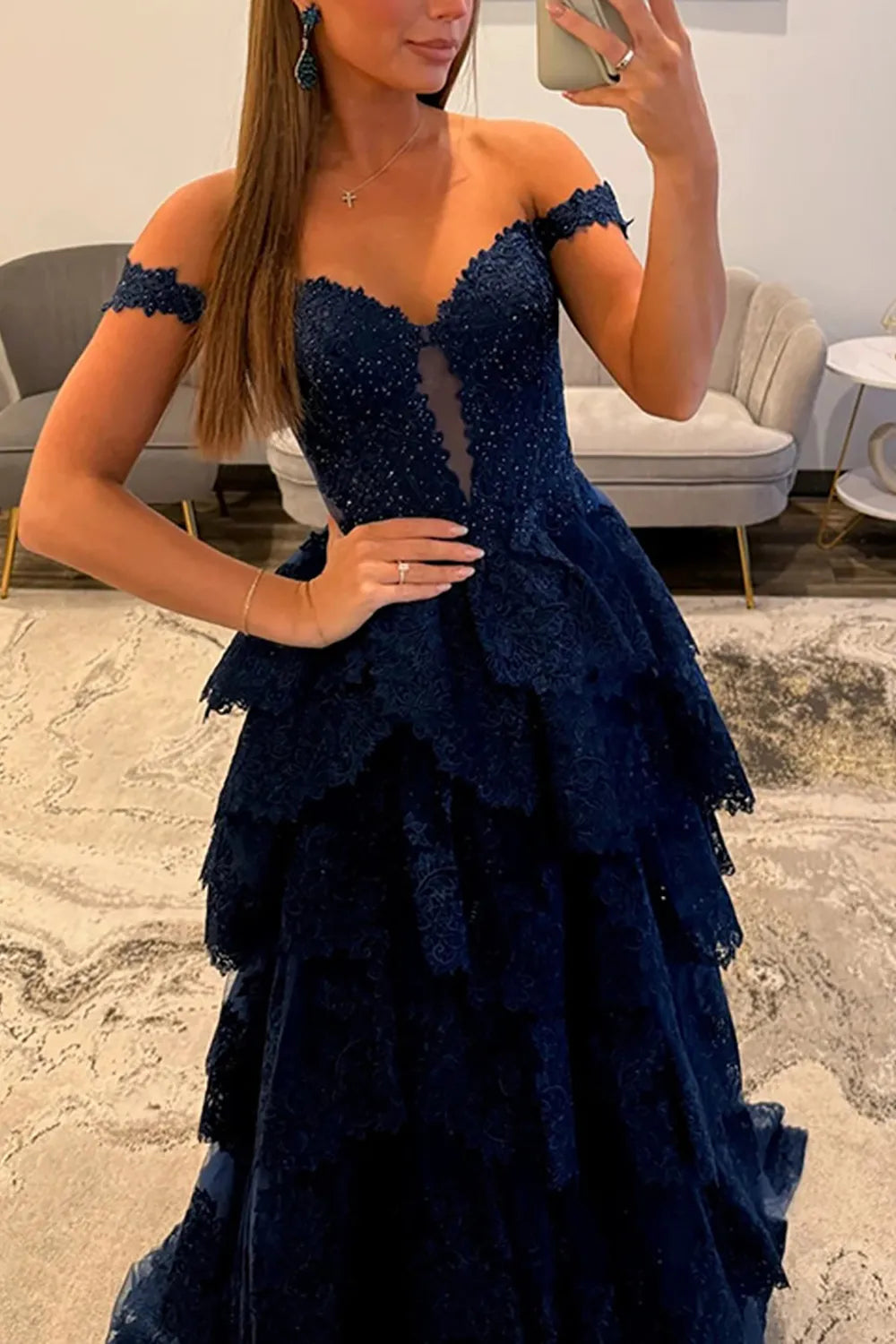 Light Blue Off-the-Shoulder Lace Tiered Princess Long Prom Dress with Slit