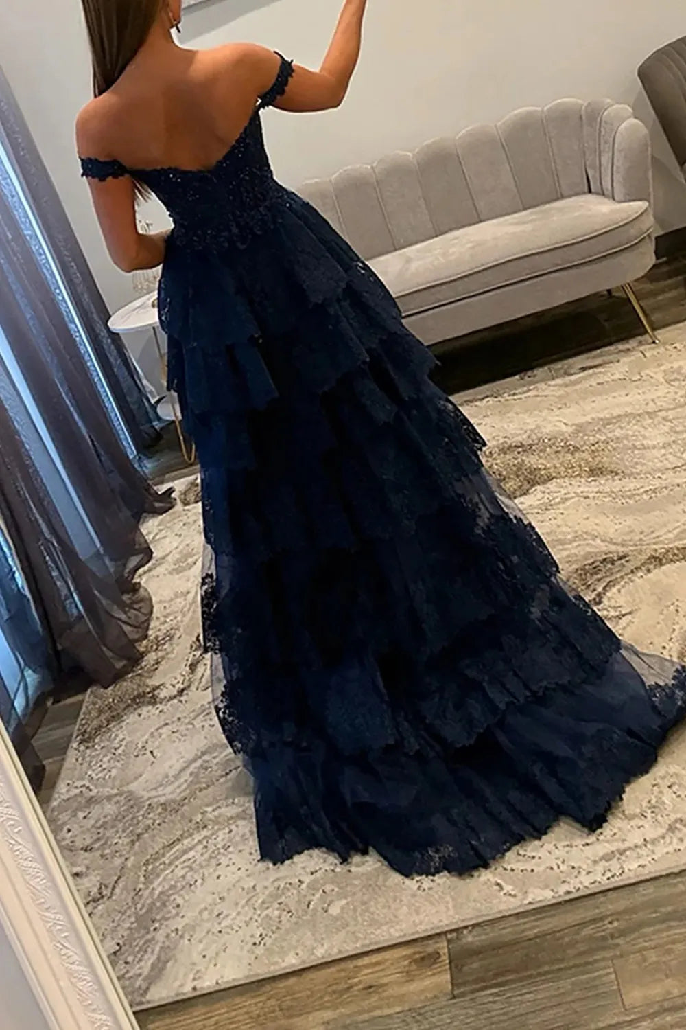 Light Blue Off-the-Shoulder Lace Tiered Princess Long Prom Dress with Slit