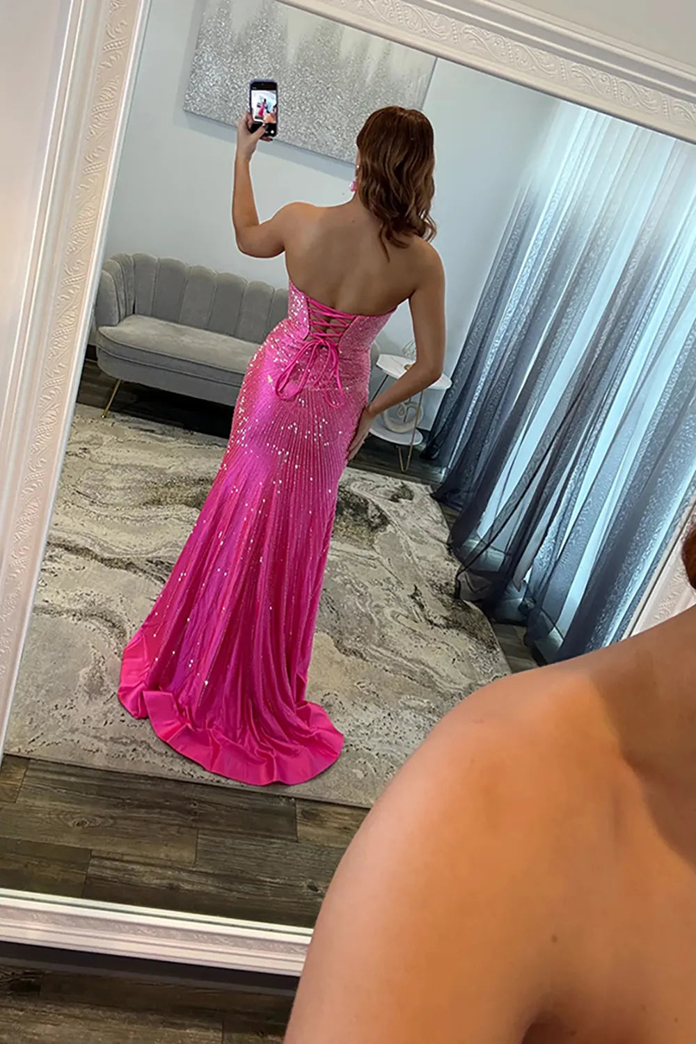 Glitter Fuchsia Sweetheart Beaded Mermaid Long Prom Dress with Slit