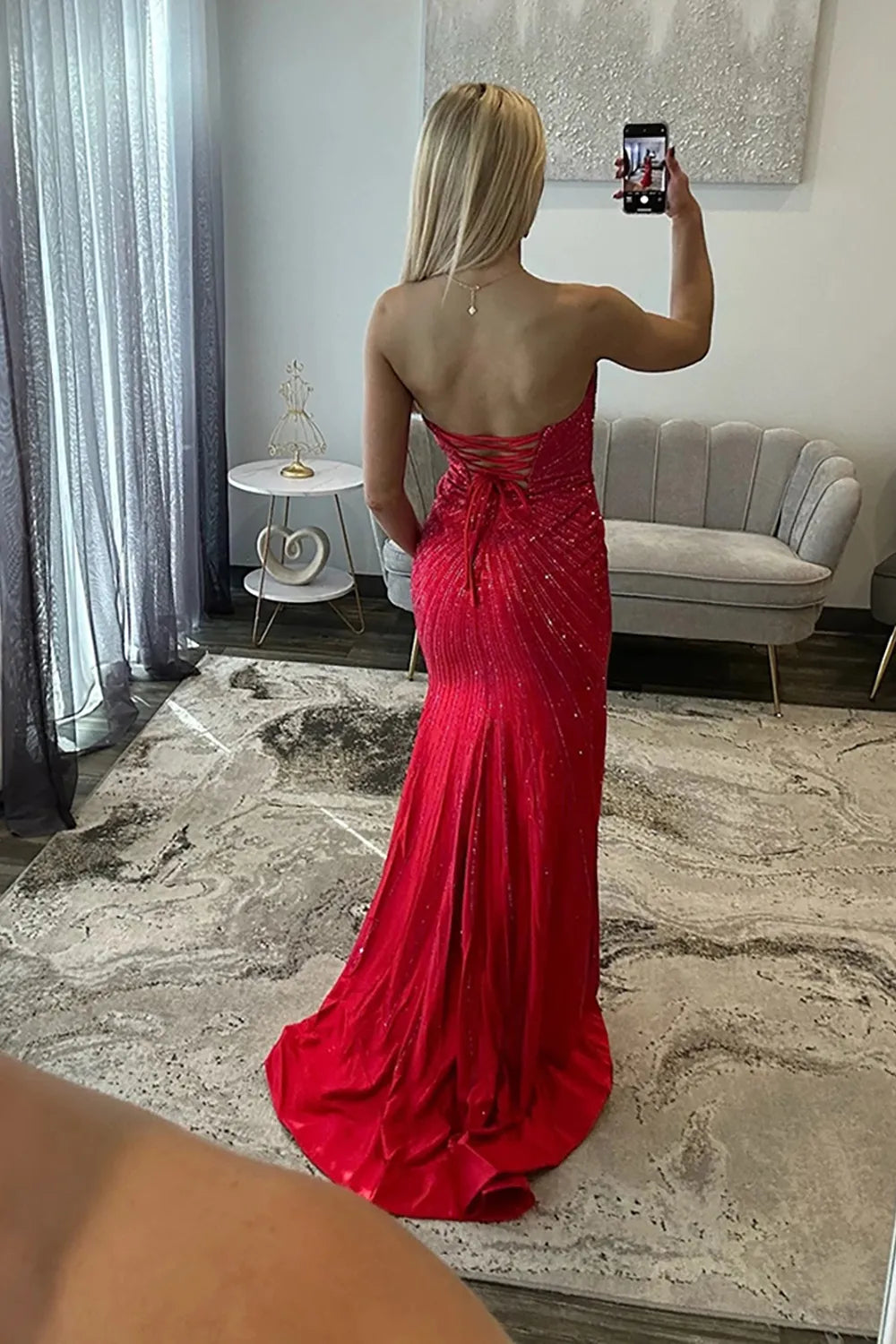 Glitter Fuchsia Sweetheart Beaded Mermaid Long Prom Dress with Slit