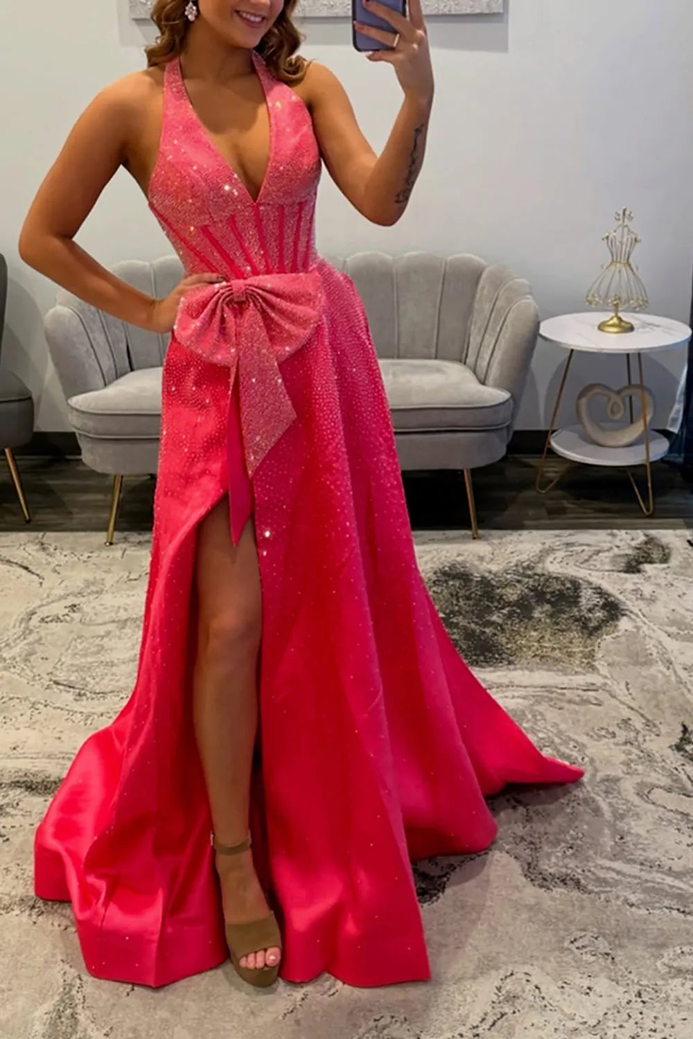Glitter Red Halter Beaded A-Line Long Prom Dress with Bow