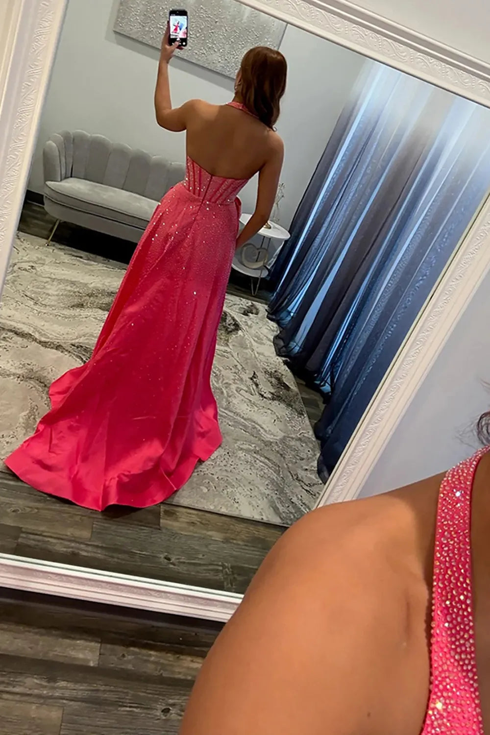 Glitter Red Halter Beaded A-Line Long Prom Dress with Bow