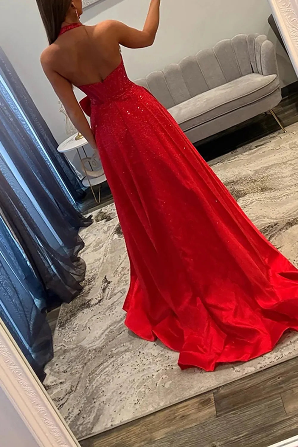 Glitter Red Halter Beaded A-Line Long Prom Dress with Bow