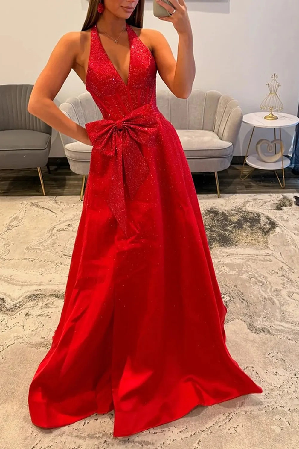 Glitter Red Halter Beaded A-Line Long Prom Dress with Bow
