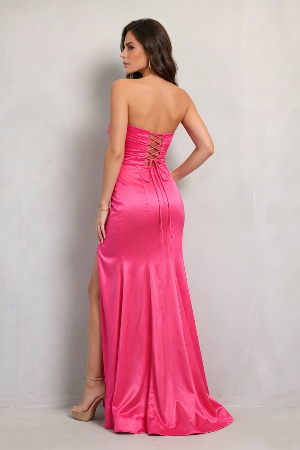 Fuchsia Satin Ruched Sweetheart Mermaid Long Prom Dress with Slit