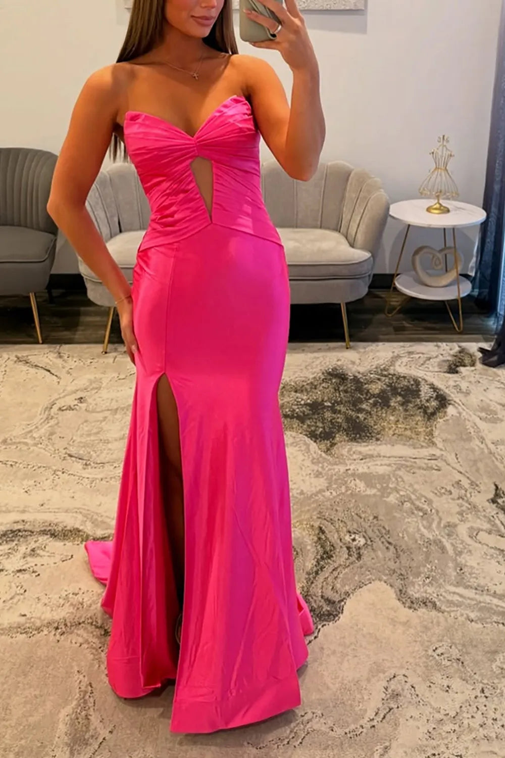 Fuchsia Sweetheart Satin Ruched Mermaid Long Prom Dress with Slit